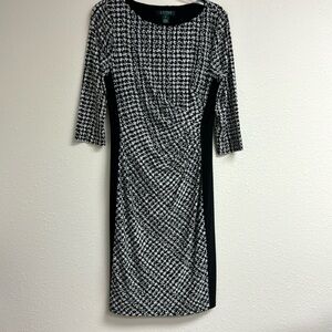 Lauren Jersey Dress Black/White Print w black side inserts and ruching Size 10